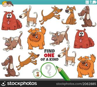 Cartoon illustration of find one of a kind picture educational task with funny dogs comic characters
