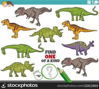 Cartoon illustration of find one of a kind picture educational task with dinosaurs prehistoric animal characters