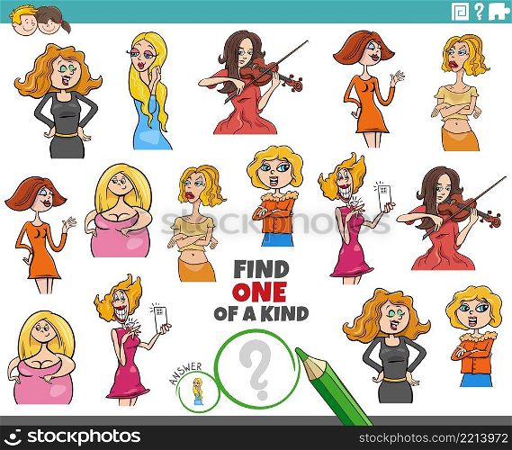 Cartoon illustration of find one of a kind picture educational task with comic girls and women characters
