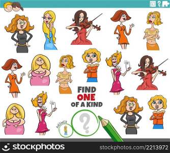 Cartoon illustration of find one of a kind picture educational task with comic girls and women characters