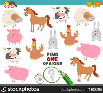 Cartoon Illustration of Find One of a Kind Picture Educational Task with Funny Farm Animal Characters