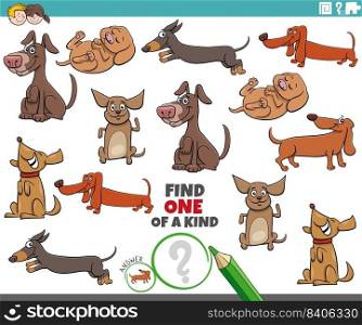 Cartoon illustration of find one of a kind picture educational task with comic dogs animal characters