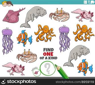 Cartoon illustration of find one of a kind picture educational task with comic marine animal characters
