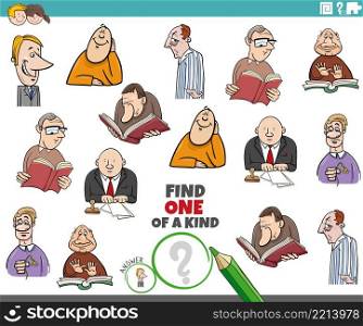 Cartoon illustration of find one of a kind picture educational task with comic men characters