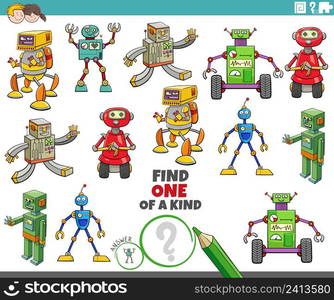 Cartoon illustration of find one of a kind picture educational task with funny robot characters