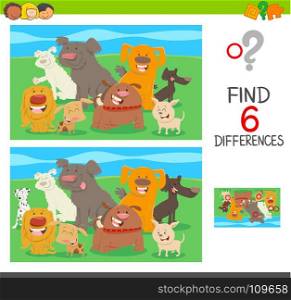 Cartoon Illustration of Find the Differences between Pictures Educational Activity for Children with Dogs Animal Characters
