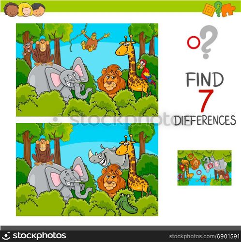 Cartoon Illustration of Find the Differences Between Pictures Educational Activity Game for Children with Wild Animal Characters Group
