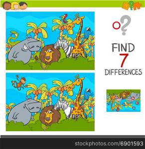 Cartoon Illustration of Find the Differences Between Pictures Educational Activity Game for Children with Safari Animal Characters Group
