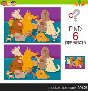 Cartoon Illustration of Find the Differences between Pictures Educational Game for Children with Dogs Animal Characters