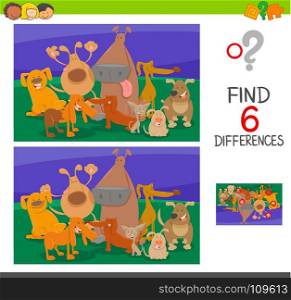 Cartoon Illustration of Find the Differences between two Pictures Educational Game for Children with Dogs Animal Characters Group