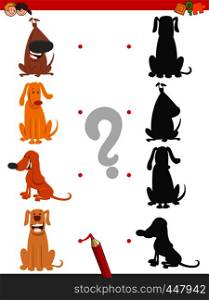 Cartoon Illustration of Find the Right Shadow Educational Task for Children with Dogs and Puppies Pet Animal Characters