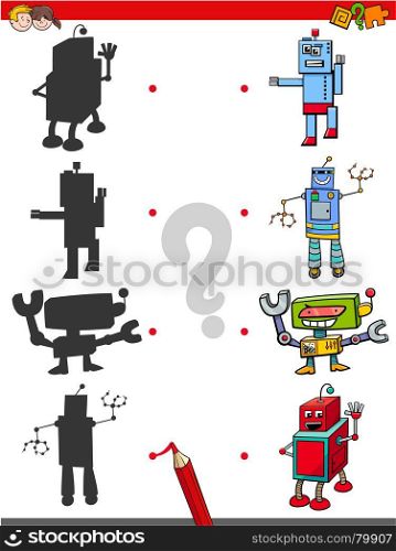 Cartoon Illustration of Find the Shadow Educational Activity Game for Children with Funny Robots Fantasy Characters