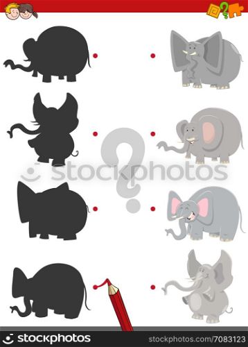Cartoon Illustration of Find the Shadow Educational Activity Game for Children with Elephant Animal Characters