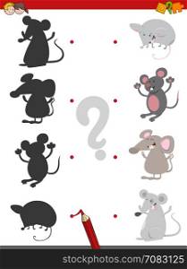 Cartoon Illustration of Find the Shadow Educational Activity Game for Children with Mouse Animal Characters