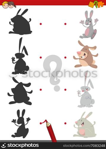 Cartoon Illustration of Find the Shadow Educational Activity Game for Children with Rabbits Animal Characters