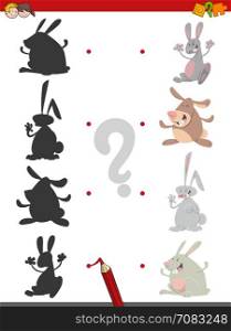Cartoon Illustration of Find the Shadow Educational Activity Game for Children with Rabbits Animal Characters