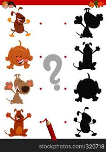 Cartoon Illustration of Find the Shadow Educational Game for Children with Funny Dog or Puppy Characters