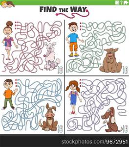 Cartoon illustration of find the way maze puzzle activities set with children or teens with their dogs
