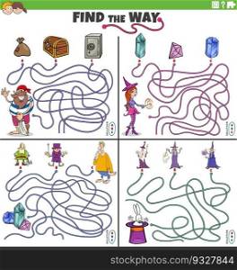 Cartoon illustration of find the way maze puzzle activities set with funny comic characters