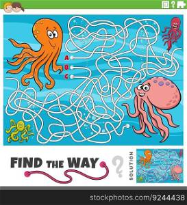 Cartoon illustration of find the way maze puzzle game with funny octopus animal characters