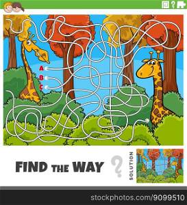 Cartoon illustration of find the way maze puzzle game with giraffe characters