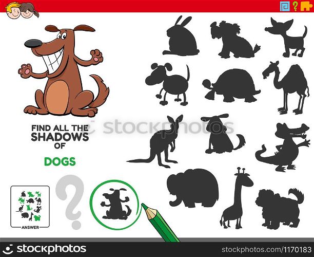 Cartoon Illustration of Finding All The Shadows of Dogs Educational Game for Children