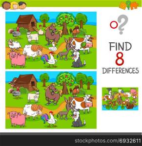 Cartoon Illustration of Finding Differences Between Pictures Educational Activity Game for Children with Comic Farm Animal Characters Group