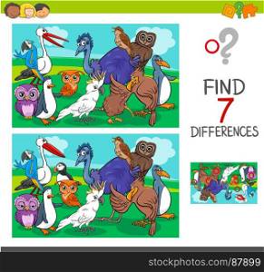 Cartoon Illustration of Finding Differences Between Pictures Educational Activity Game for Children with Birds Animal Characters Group
