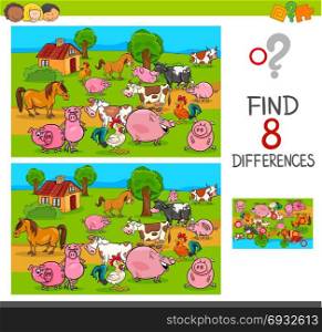 Cartoon Illustration of Finding Differences Between Pictures Educational Activity Game for Kids with Comic Farm Animal Characters Group