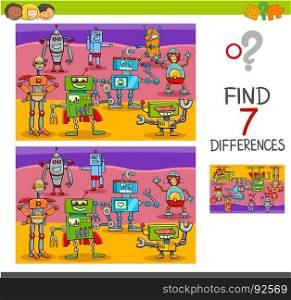Cartoon Illustration of Finding Differences Between Pictures Educational Activity Game for Kids with Robot Characters Group