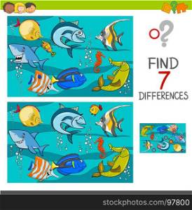 Cartoon Illustration of Finding Differences Between Pictures Educational Activity Game with Fish Animal Characters in the Sea