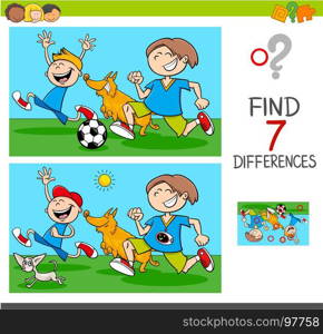 Cartoon Illustration of Finding Differences Between Pictures Educational Activity Game with Funny Playful Children Characters with Dogs