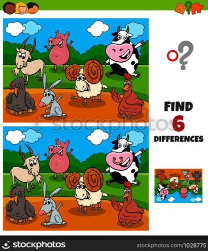 Cartoon Illustration of Finding Differences Between Pictures Educational Game for Children with Funny Farm Animal Characters