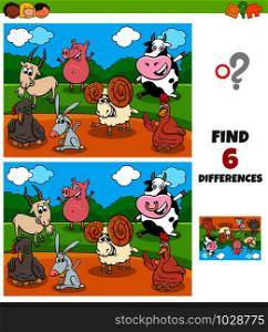 Cartoon Illustration of Finding Differences Between Pictures Educational Game for Children with Funny Farm Animal Characters