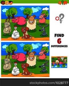 Cartoon Illustration of Finding Differences Between Pictures Educational Game for Children with Happy Farm Animal Characters