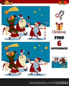 Cartoon Illustration of Finding Differences Between Pictures Educational Game for Children with Happy Santa Claus Christmas Characters Group