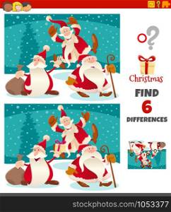 Cartoon Illustration of Finding Differences Between Pictures Educational Game for Children with Santa Claus Characters on Christmas Time