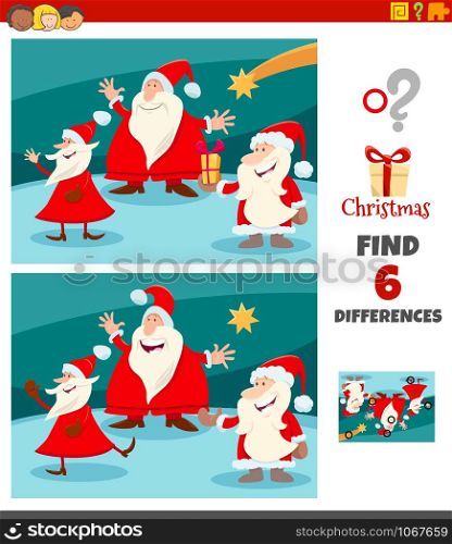 Cartoon Illustration of Finding Differences Between Pictures Educational Game for Children with Funny Santa Claus Characters on Christmas Time