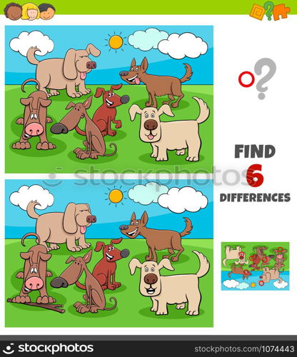 Cartoon Illustration of Finding Differences Between Pictures Educational Game for Children with Happy Dogs Pet Animal Characters