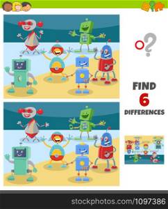 Cartoon Illustration of Finding Differences Between Pictures Educational Game for Children with Happy Robots Fantasy Characters