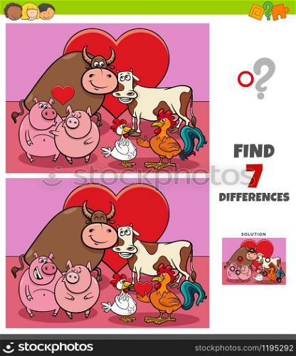 Cartoon Illustration of Finding Differences Between Pictures Educational Game for Children with Funny Farm Animal Characters in Love on Valentines Day