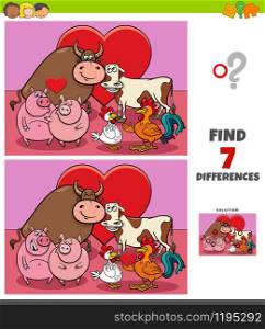 Cartoon Illustration of Finding Differences Between Pictures Educational Game for Children with Funny Farm Animal Characters in Love on Valentines Day