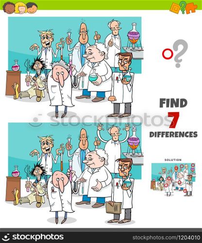Cartoon Illustration of Finding Differences Between Pictures Educational Game for Children with Scientist Characters Group in Laboratory