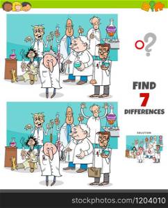 Cartoon Illustration of Finding Differences Between Pictures Educational Game for Children with Scientist Characters Group in Laboratory