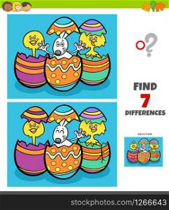 Cartoon Illustration of Finding Differences Between Pictures Educational Game for Children with Easter Bunny and Chick Characters
