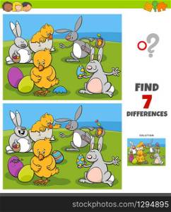Cartoon Illustration of Finding Differences Between Pictures Educational Game for Children with Easter Bunnies and Chicks Characters