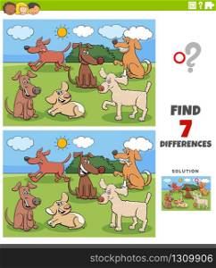 Cartoon Illustration of Finding Differences Between Pictures Educational Game for Children with Happy Dogs Characters Group