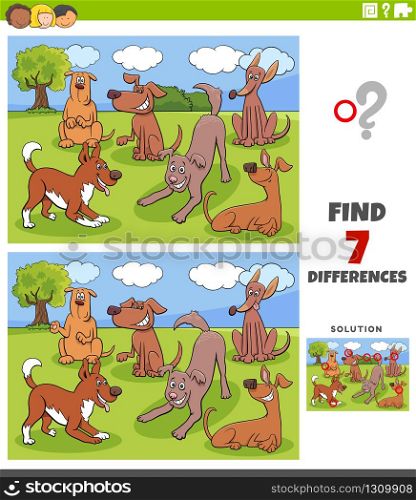 Cartoon Illustration of Finding Differences Between Pictures Educational Game for Children with Funny Dogs Characters Group