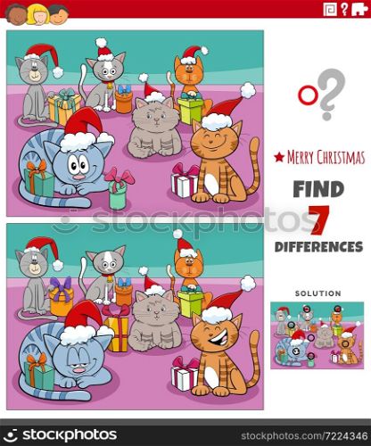 Cartoon illustration of finding differences between pictures educational game for children with funny cats characters on Christmas time