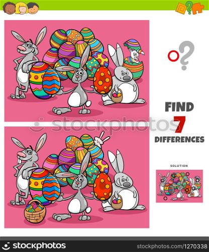 Cartoon Illustration of Finding Differences Between Pictures Educational Game for Children with Easter Bunny Characters